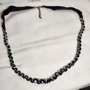 Chico's Black & Silver Necklace w/ Black Satin Ribbon